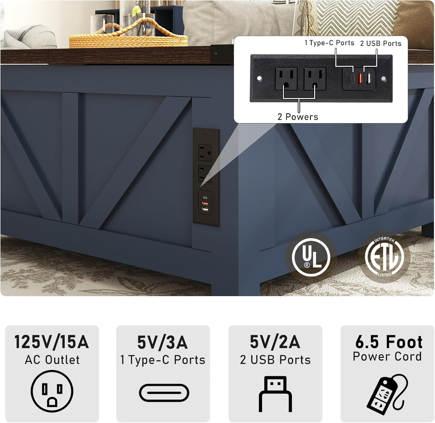Farmhouse Lift Top Coffee Table with Storage, Wood Square Center Table with Charging Station&USB Port, Living Room Table w/Large Hidden Space, for Living Room, Bedroom, Home Office, Blue