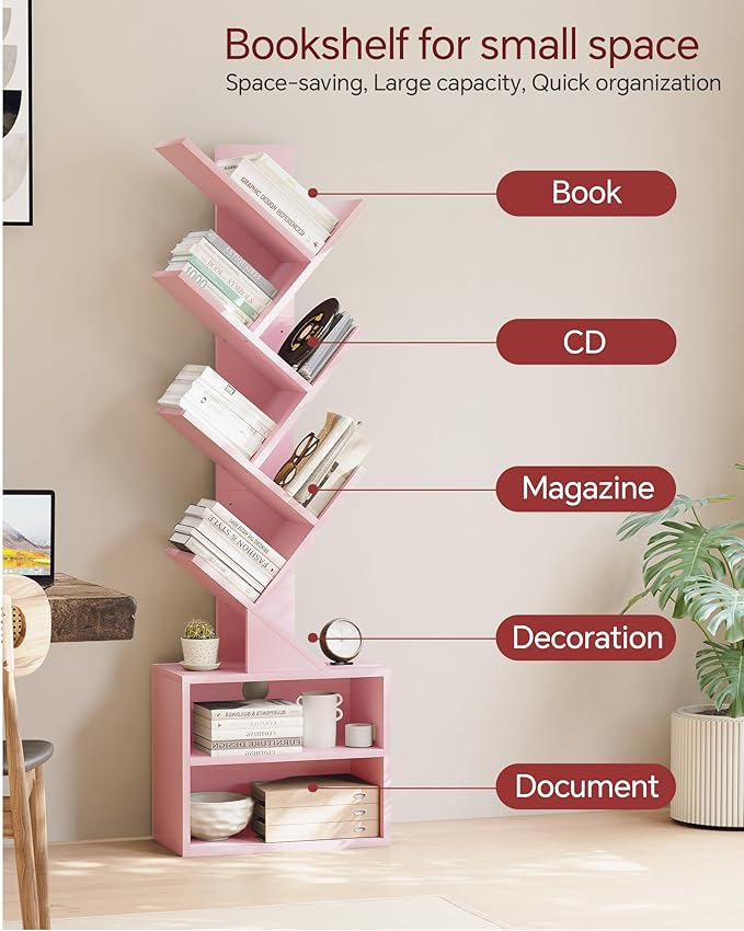 SUNMORY 6 Tier Tree Bookshelf, Tall Bookcase with Storage Cabinet, Modern Narrow Bookshelves Organizer, Floor Standing Book Shelf for Bedroom/Living Room/Home Office/Corner, Pink