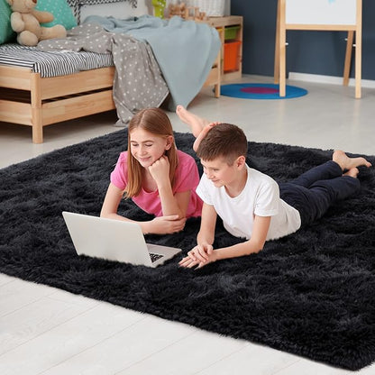 Noahas Fluffy Black Area Rugs for Bedroom Living Room,4x5.3 Feet Thick Shag Throw Floor Carpet,Soft Shaggy Non-Slip Plush Dorm Nursery Kids Rug Home Decor Aesthetic