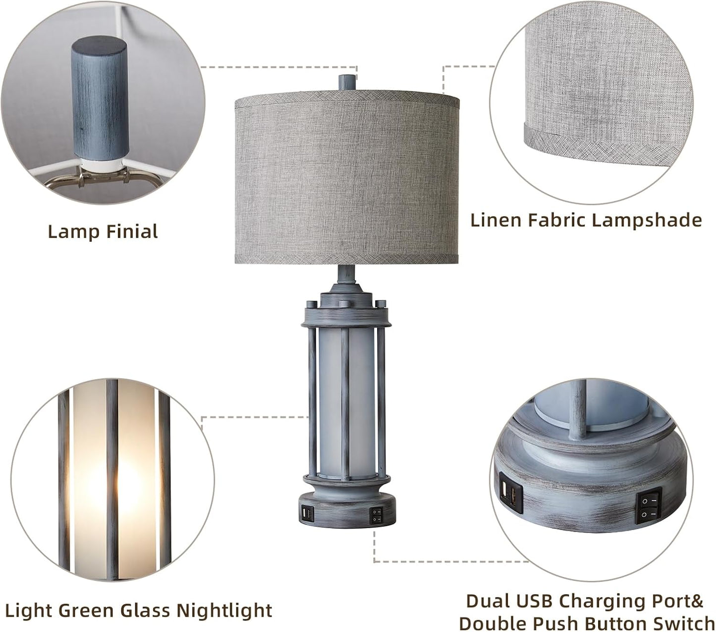 Farmhouse Vintage Nightstand Lamp with 2 USB Ports, Antique Retro Light Green Glass Night Light for Bedroom Entryway, 4 Bulbs Included