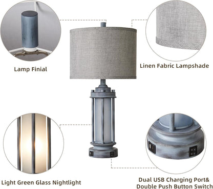Farmhouse Vintage Nightstand Lamp with 2 USB Ports, Antique Retro Light Green Glass Night Light for Bedroom Entryway, 4 Bulbs Included