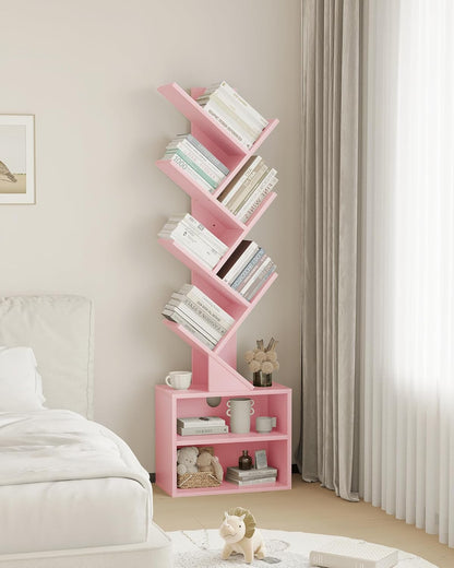 SUNMORY 6 Tier Tree Bookshelf, Tall Bookcase with Storage Cabinet, Modern Narrow Bookshelves Organizer, Floor Standing Book Shelf for Bedroom/Living Room/Home Office/Corner, Pink