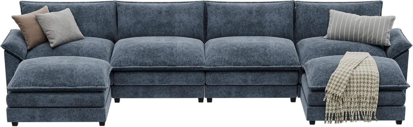 YESHOMY Sectional Modular Sofa U Shaped Chenille Fabric Couch with High Supportive & Soft Sponges and Removable Ottoman, Sleeper Comfy Upholstered Furniture for Living Room, Blue
