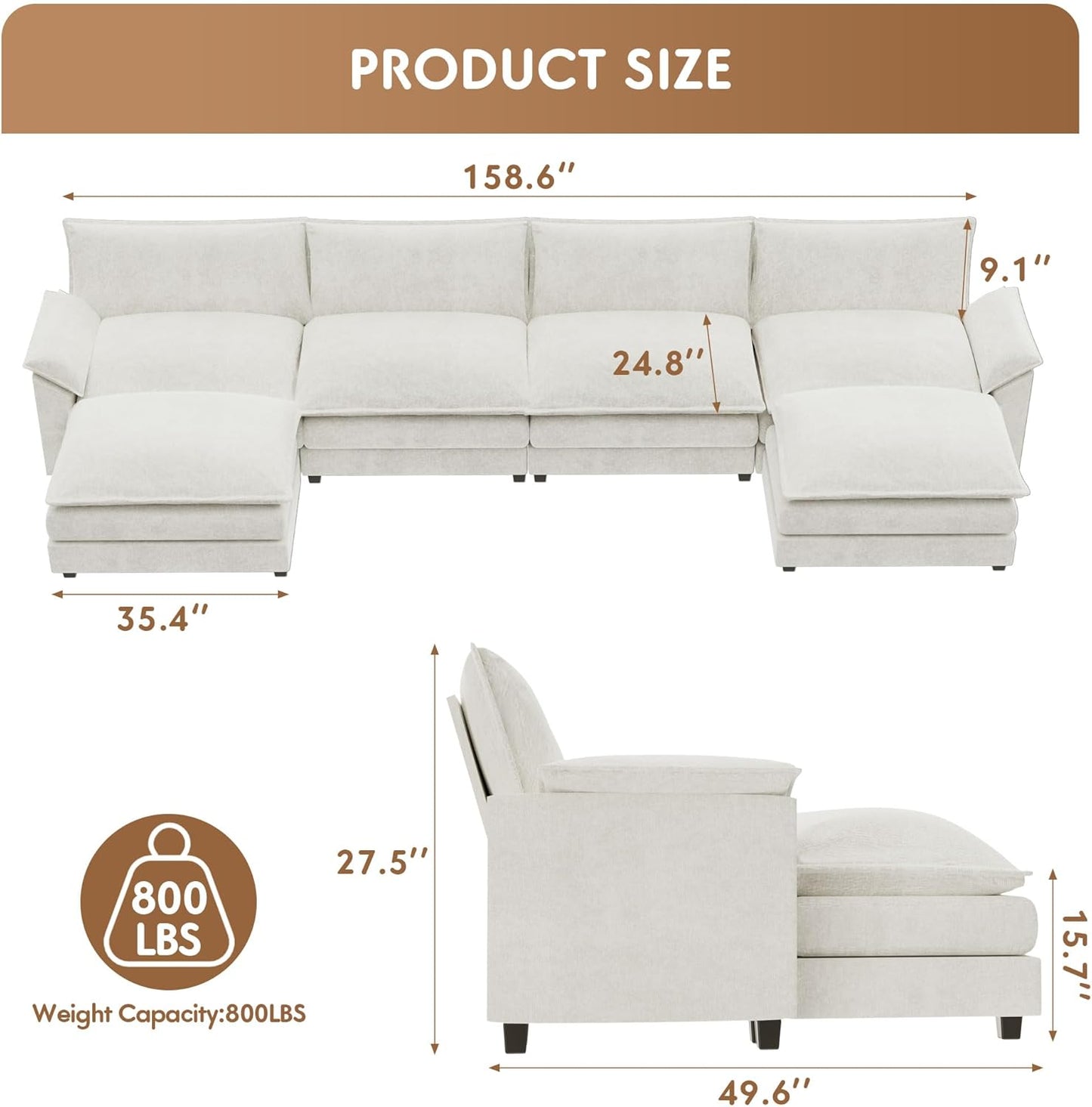 YESHOMY Sectional Modular Sofa U Shaped Chenille Fabric Couch with High Supportive & Soft Sponges and Removable Ottoman, Sleeper Comfy Upholstered Furniture for Living Room, White