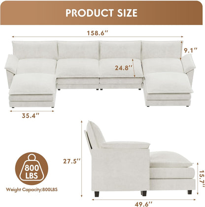 YESHOMY Sectional Modular Sofa U Shaped Chenille Fabric Couch with High Supportive & Soft Sponges and Removable Ottoman, Sleeper Comfy Upholstered Furniture for Living Room, White