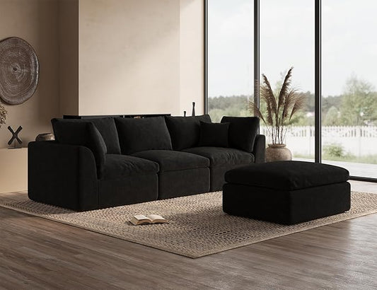 110" Cloud Sectional Couches for Living Room, Boneless L-Shape Couch with Ottoman, 3 Seater Modular Sectional Sofa, Black