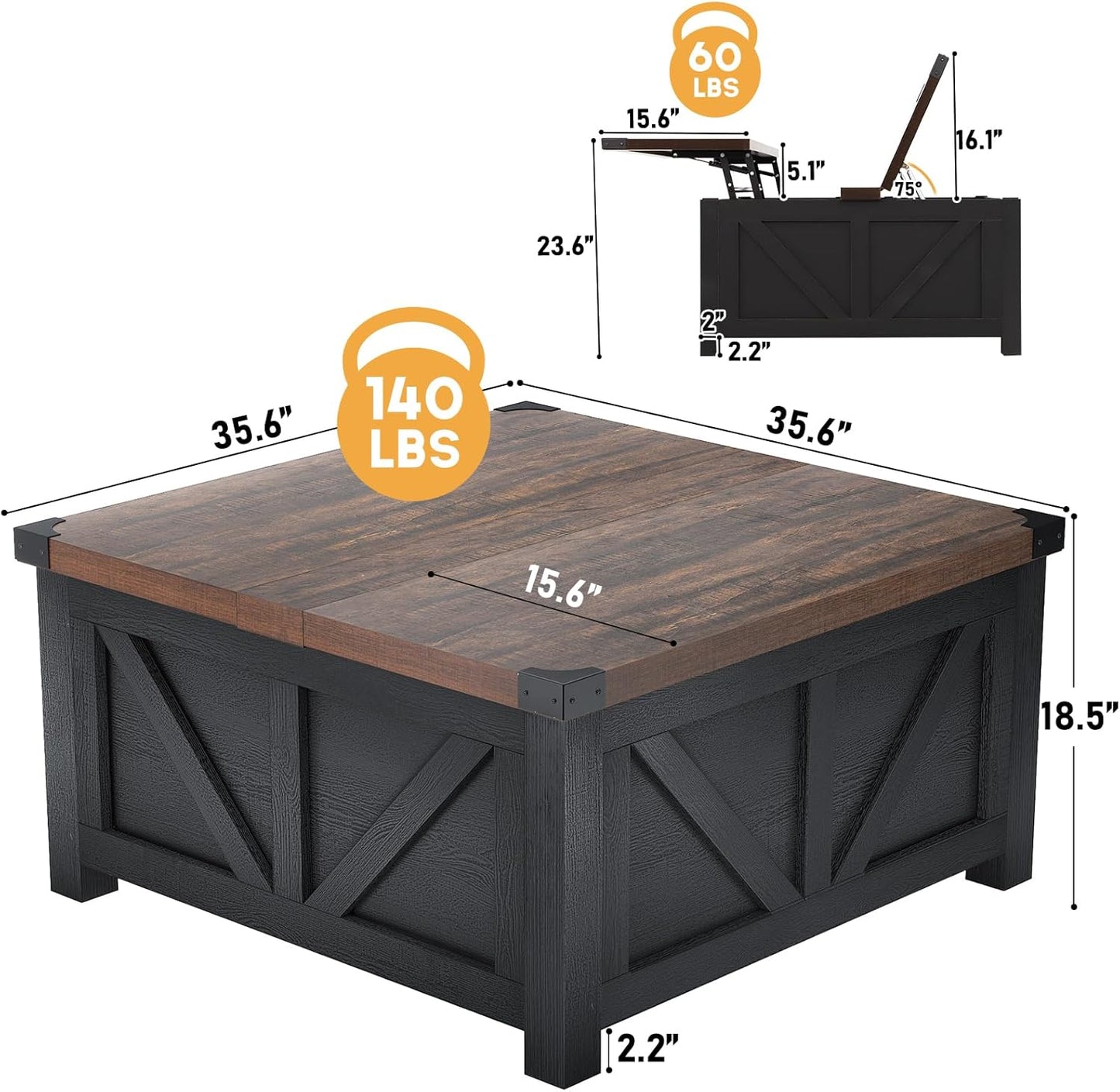 Farmhouse Lift Top Coffee Table with Storage, Wood Square Center Table with Charging Station&USB Port, Living Room Table w/Large Hidden Space, for Living Room, Bedroom, Home Office, Black