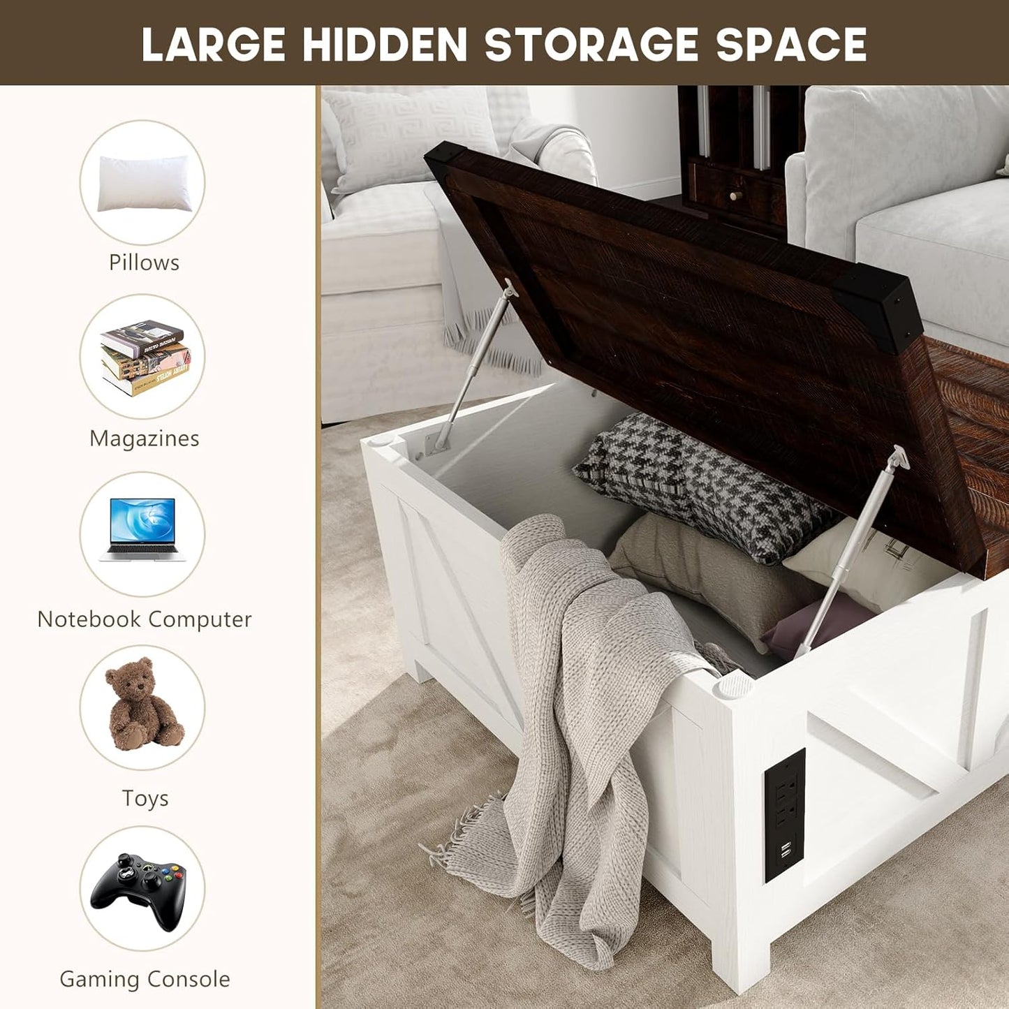 Farmhouse Lift Top Coffee Table with Storage, Wood Square Center Table with Charging Station&USB Port, Living Room Table w/Large Hidden Space, for Living Room, Bedroom, Home Office, White