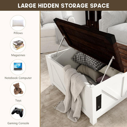 Farmhouse Lift Top Coffee Table with Storage, Wood Square Center Table with Charging Station&USB Port, Living Room Table w/Large Hidden Space, for Living Room, Bedroom, Home Office, White
