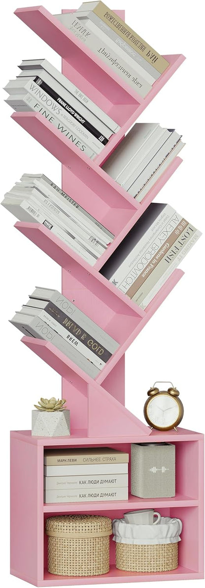 SUNMORY 6 Tier Tree Bookshelf, Tall Bookcase with Storage Cabinet, Modern Narrow Bookshelves Organizer, Floor Standing Book Shelf for Bedroom/Living Room/Home Office/Corner, Pink