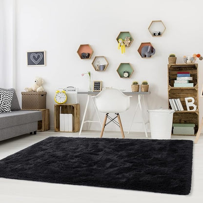 Noahas Fluffy Black Area Rugs for Bedroom Living Room,4x5.3 Feet Thick Shag Throw Floor Carpet,Soft Shaggy Non-Slip Plush Dorm Nursery Kids Rug Home Decor Aesthetic