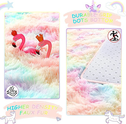 Noahas 3x5 Fluffy Pink Kids Rugs for Room,Rainbow Rug for Girls Bedroom,Soft Playroom Shag Nursery Carpets Room Decor