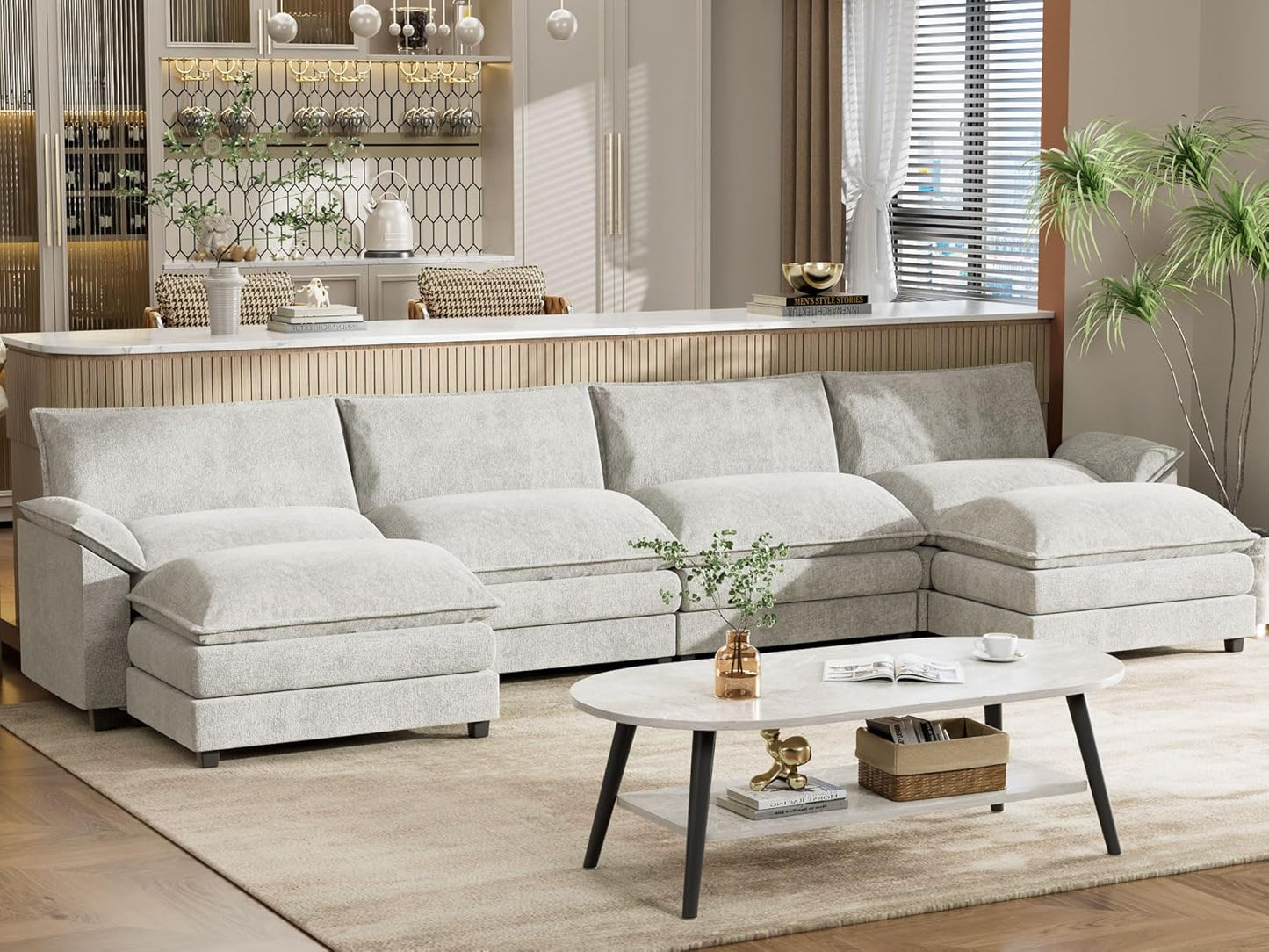 YESHOMY Sectional Modular Sofa U Shaped Chenille Fabric Couch with High Supportive & Soft Sponges and Removable Ottoman, Sleeper Comfy Upholstered Furniture for Living Room, White