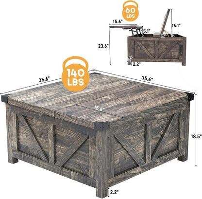 Farmhouse Lift Top Coffee Table with Storage, Wood Square Center Table with Charging Station&USB Port, Living Room Table w/Large Hidden Space, for Living Room, Bedroom, Home Office, Dark Grey