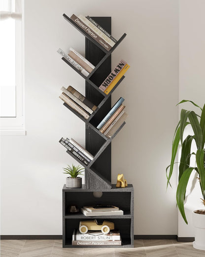 SUNMORY 6 Tier Tree Bookshelf, Small Bookcase with Storage Cabinet, Modern Narrow Bookshelves Organizer, Floor Standing Book Shelf for Bedroom/Living Room/Home Office/Corner, Black