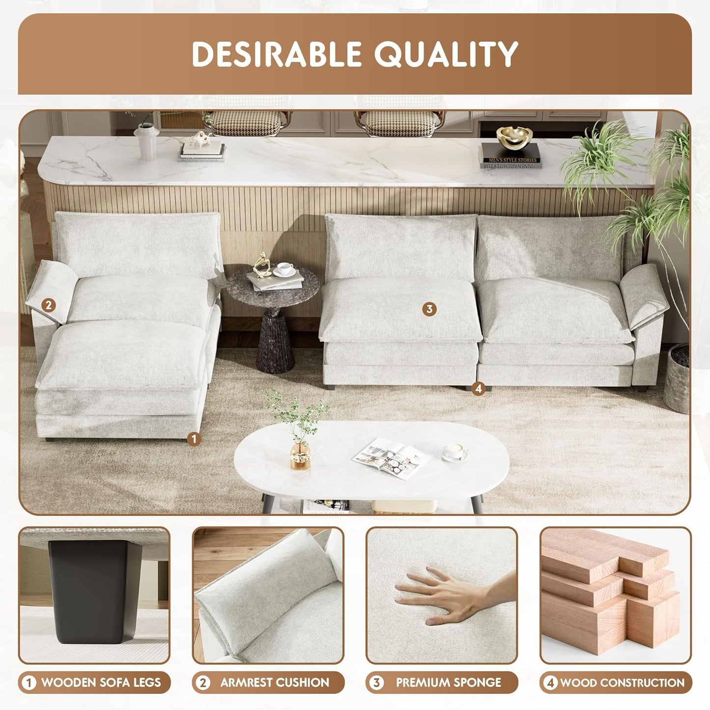 YESHOMY Sectional Modular Sofa L Shaped Chenille Fabric Couch with High Supportive & Soft Sponges and Removable Ottoman, Sleeper Comfy Upholstered Furniture for Living Room, White