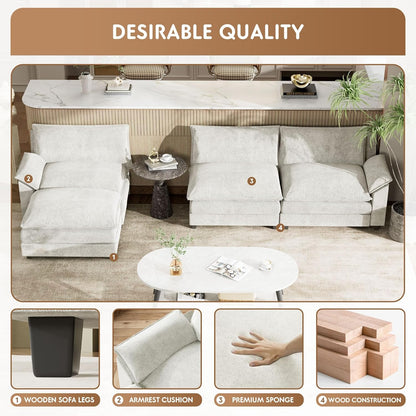 YESHOMY Sectional Modular Sofa L Shaped Chenille Fabric Couch with High Supportive & Soft Sponges and Removable Ottoman, Sleeper Comfy Upholstered Furniture for Living Room, White