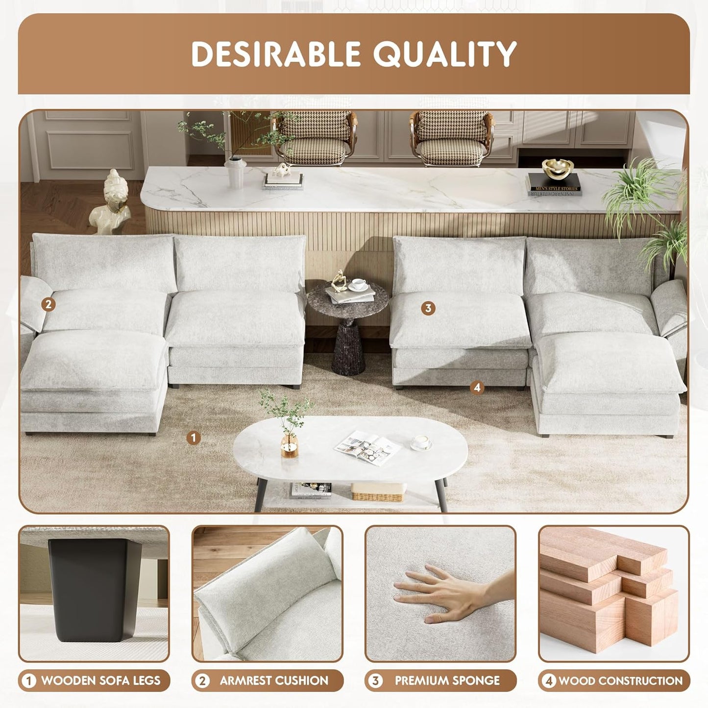 YESHOMY Sectional Modular Sofa U Shaped Chenille Fabric Couch with High Supportive & Soft Sponges and Removable Ottoman, Sleeper Comfy Upholstered Furniture for Living Room, White
