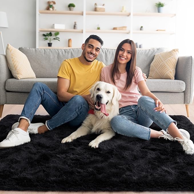 Noahas Fluffy Black Area Rugs for Bedroom Living Room,4x5.3 Feet Thick Shag Throw Floor Carpet,Soft Shaggy Non-Slip Plush Dorm Nursery Kids Rug Home Decor Aesthetic