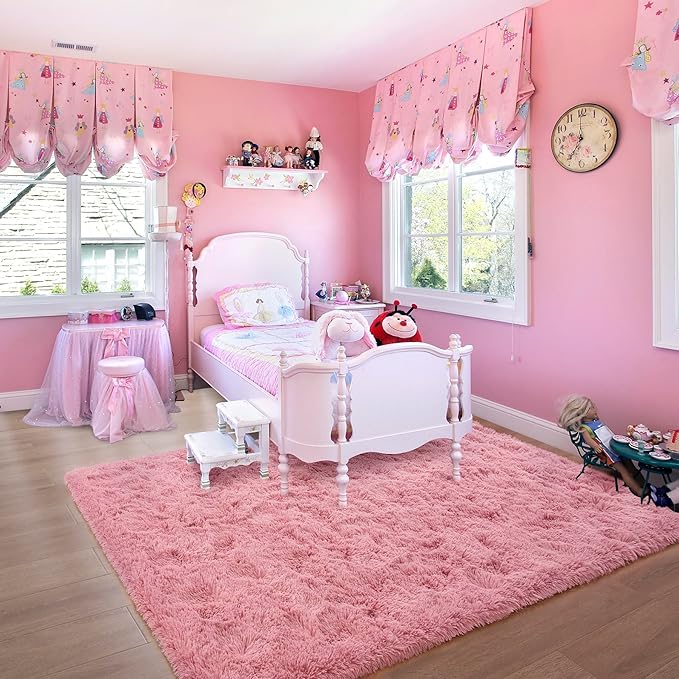 Noahas Fluffy Blush Area Rugs for Bedroom Living Room,4x5.3 Feet Thick Shag Throw Floor Carpet,Soft Shaggy Non-Slip Plush Dorm Nursery Kids Rug Home Decor Aesthetic