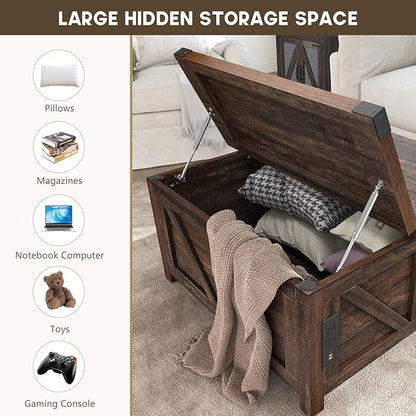 Farmhouse Lift Top Coffee Table with Storage, Wood Square Center Table with Charging Station&USB Port, Living Room Table w/Large Hidden Space, for Living Room, Bedroom, Home Office, Brown