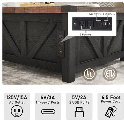Farmhouse Lift Top Coffee Table with Storage, Wood Square Center Table with Charging Station&USB Port, Living Room Table w/Large Hidden Space, for Living Room, Bedroom, Home Office, Black