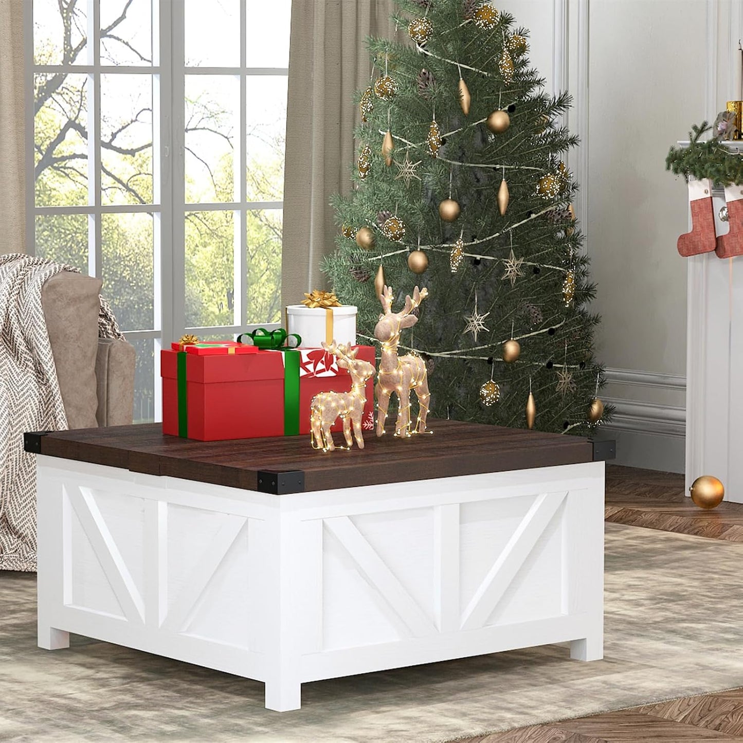 Farmhouse Lift Top Coffee Table with Storage, Wood Square Center Table with Charging Station&USB Port, Living Room Table w/Large Hidden Space, for Living Room, Bedroom, Home Office, White