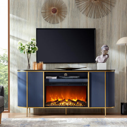 OKD Luxury 70" Fluted Fireplace TV Stand, Modern Chic Entertainment Center for TVs Up to 80 inches, TV Console with Faux Marble Top, Curved Profile Design, Media Console for Living Room, Navy Blue