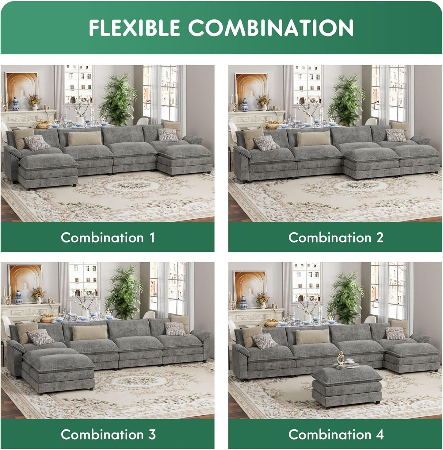 YESHOMY Sectional Modular Sofa U Shaped Chenille Fabric Couch with High Supportive & Soft Sponges and Removable Ottoman, Sleeper Comfy Upholstered Furniture for Living Room, Grey