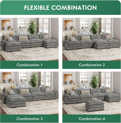 YESHOMY Sectional Modular Sofa U Shaped Chenille Fabric Couch with High Supportive & Soft Sponges and Removable Ottoman, Sleeper Comfy Upholstered Furniture for Living Room, Grey