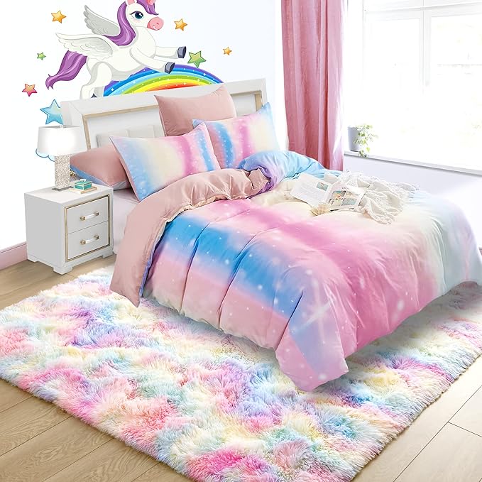 Noahas 3x5 Fluffy Pink Kids Rugs for Room,Rainbow Rug for Girls Bedroom,Soft Playroom Shag Nursery Carpets Room Decor