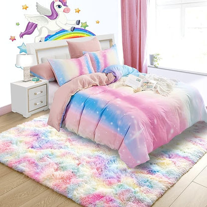Noahas 3x5 Fluffy Pink Kids Rugs for Room,Rainbow Rug for Girls Bedroom,Soft Playroom Shag Nursery Carpets Room Decor