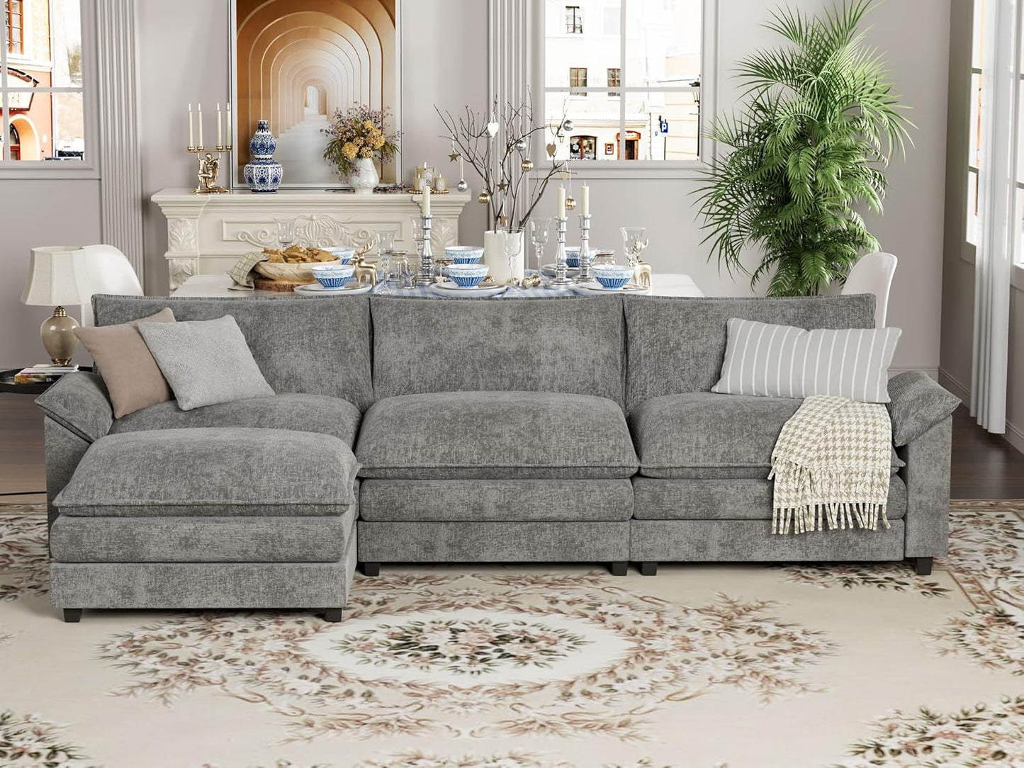 YESHOMY Sectional Modular Sofa L Shaped Chenille Fabric Couch with High Supportive & Soft Sponges and Removable Ottoman, Sleeper Comfy Upholstered Furniture for Living Room, Grey