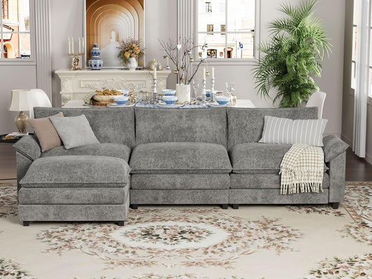 YESHOMY Sectional Modular Sofa L Shaped Chenille Fabric Couch with High Supportive & Soft Sponges and Removable Ottoman, Sleeper Comfy Upholstered Furniture for Living Room, Grey