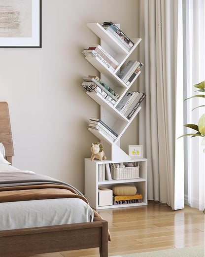 SUNMORY 6 Tier Tree Bookshelf, Tall Bookcase with Storage Cabinet, Modern Narrow Bookshelves Organizer, Floor Standing Book Shelf for Bedroom/Living Room/Home Office/Corner, White