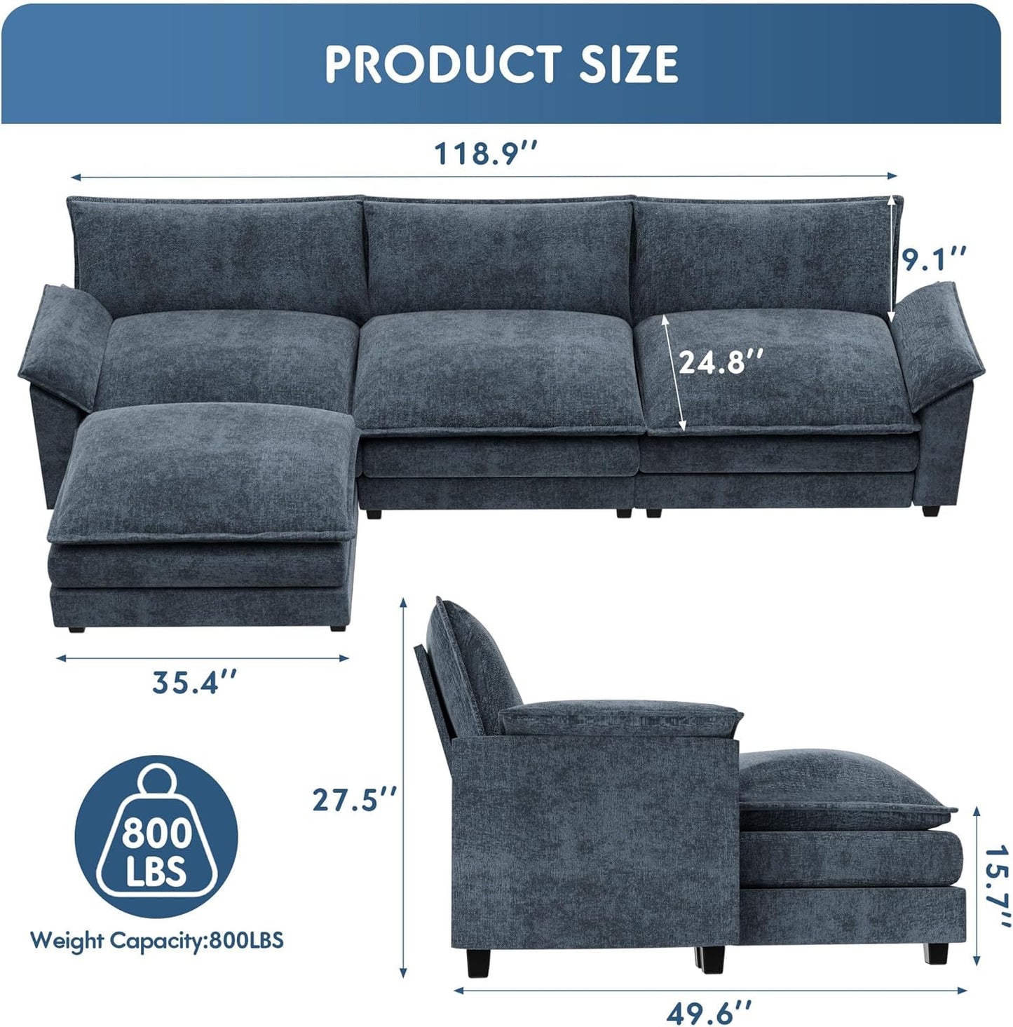 YESHOMY Sectional Modular Sofa L Shaped Chenille Fabric Couch with High Supportive & Soft Sponges and Removable Ottoman, Sleeper Comfy Upholstered Furniture for Living Room, Blue