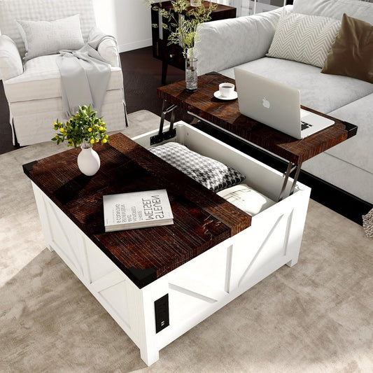 Farmhouse Lift Top Coffee Table with Storage, Wood Square Center Table with Charging Station&USB Port, Living Room Table w/Large Hidden Space, for Living Room, Bedroom, Home Office, White