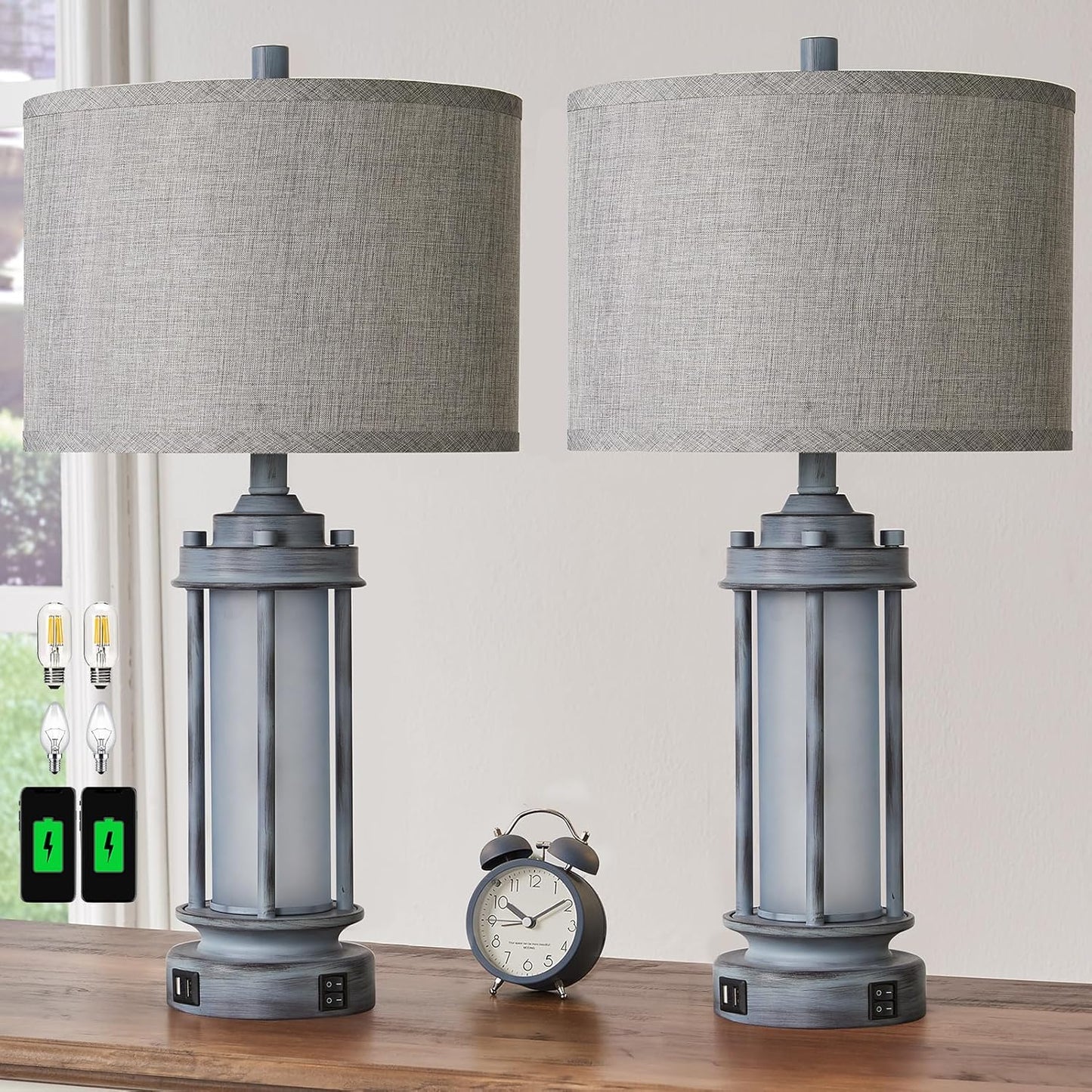 Farmhouse Vintage Nightstand Lamp with 2 USB Ports, Antique Retro Light Green Glass Night Light for Bedroom Entryway, 4 Bulbs Included