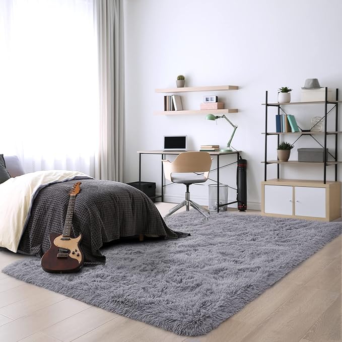 Noahas Fluffy Grey Area Rugs for Bedroom Living Room,4x5.3 Feet Thick Shag Throw Floor Carpet,Soft Shaggy Non-Slip Plush Dorm Nursery Kids Rug Home Decor Aesthetic