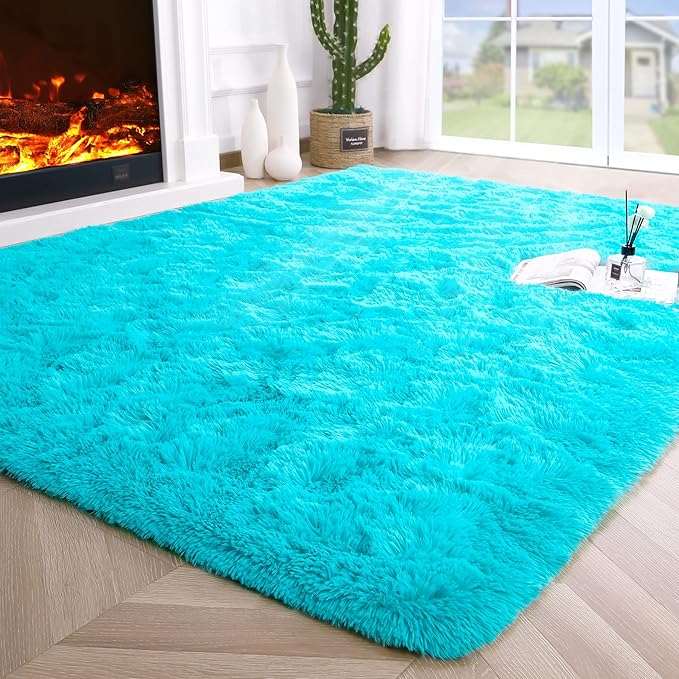 Noahas Fluffy Teal Blue Area Rugs for Bedroom Living Room,4x5.3 Feet Thick Shag Throw Floor Carpet,Soft Shaggy Non-Slip Plush Dorm Nursery Kids Rug Home Decor Aesthetic