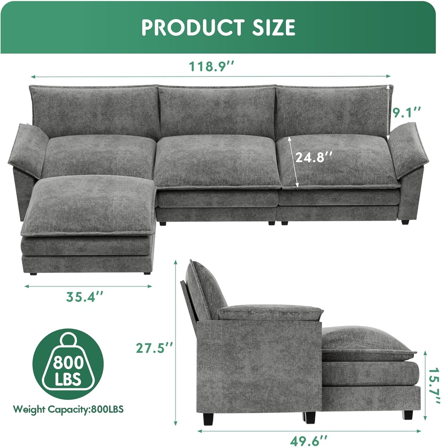 YESHOMY Sectional Modular Sofa L Shaped Chenille Fabric Couch with High Supportive & Soft Sponges and Removable Ottoman, Sleeper Comfy Upholstered Furniture for Living Room, Grey