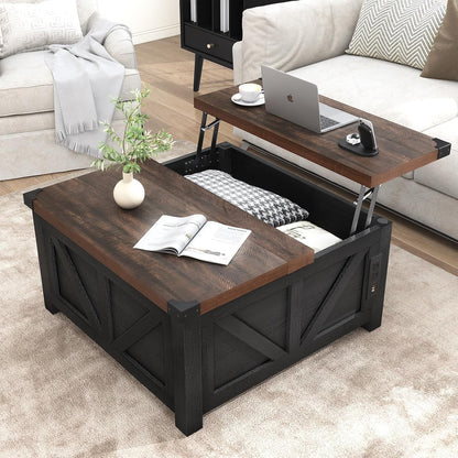 Farmhouse Lift Top Coffee Table with Storage, Wood Square Center Table with Charging Station&USB Port, Living Room Table w/Large Hidden Space, for Living Room, Bedroom, Home Office, Black