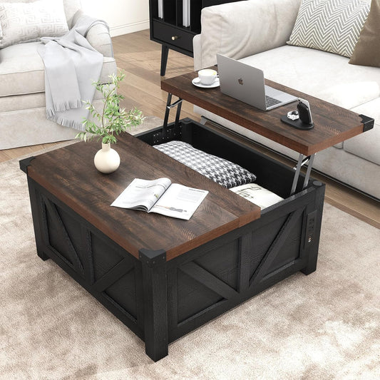 Farmhouse Lift Top Coffee Table with Storage, Wood Square Center Table with Charging Station&USB Port, Living Room Table w/Large Hidden Space, for Living Room, Bedroom, Home Office, Black