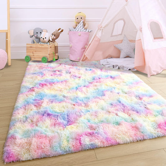 Noahas 3x5 Fluffy Pink Kids Rugs for Room,Rainbow Rug for Girls Bedroom,Soft Playroom Shag Nursery Carpets Room Decor