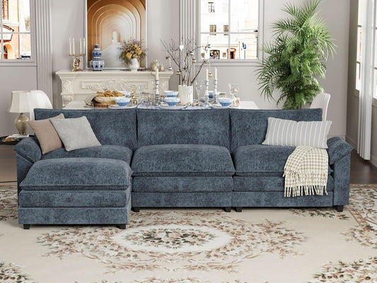 YESHOMY Sectional Modular Sofa L Shaped Chenille Fabric Couch with High Supportive & Soft Sponges and Removable Ottoman, Sleeper Comfy Upholstered Furniture for Living Room, Blue
