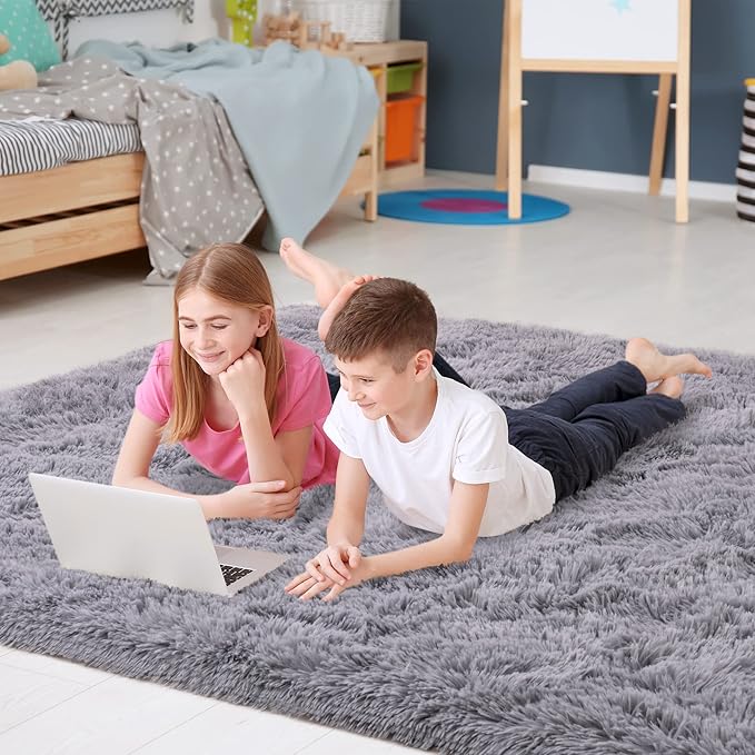 Noahas Fluffy Grey Area Rugs for Bedroom Living Room,4x5.3 Feet Thick Shag Throw Floor Carpet,Soft Shaggy Non-Slip Plush Dorm Nursery Kids Rug Home Decor Aesthetic