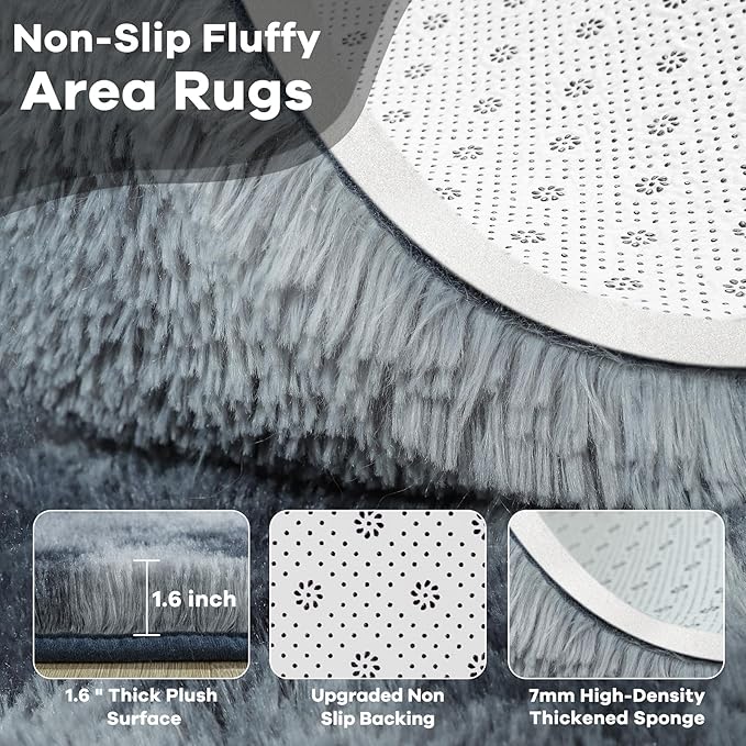 Noahas Fluffy 4x6 Area Rugs for Bedroom Living Room,Tie-Dyed Blue and Grey Thick Shag Throw Floor Carpet,Soft Shaggy Bedside Non-Slip Plush Dorm Nursery Kids Rug