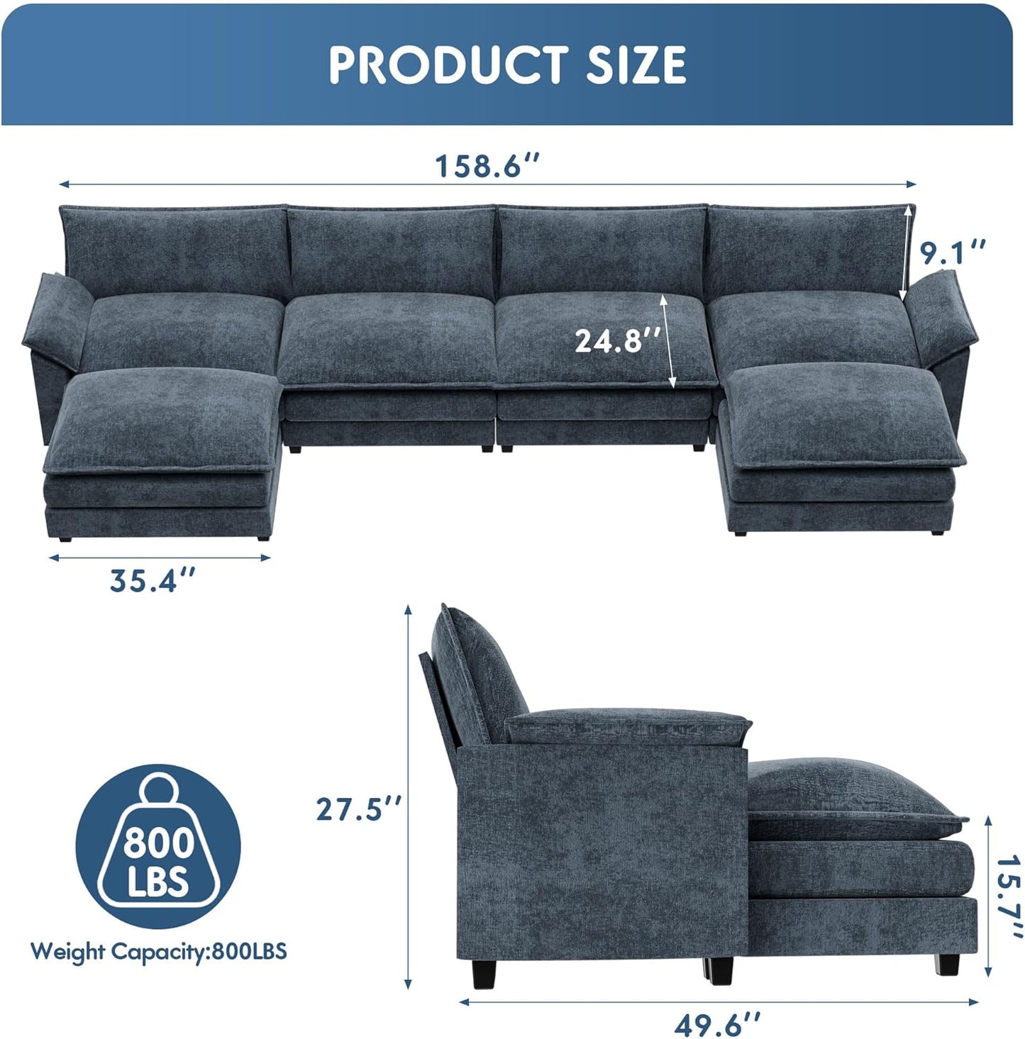 YESHOMY Sectional Modular Sofa U Shaped Chenille Fabric Couch with High Supportive & Soft Sponges and Removable Ottoman, Sleeper Comfy Upholstered Furniture for Living Room, Blue