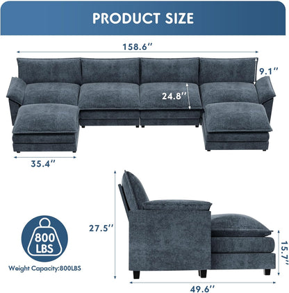 YESHOMY Sectional Modular Sofa U Shaped Chenille Fabric Couch with High Supportive & Soft Sponges and Removable Ottoman, Sleeper Comfy Upholstered Furniture for Living Room, Blue