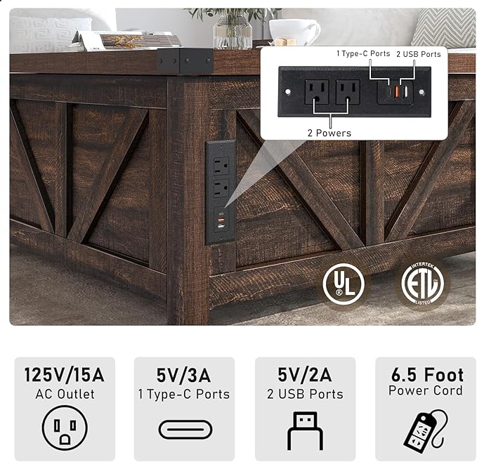 Farmhouse Lift Top Coffee Table with Storage, Wood Square Center Table with Charging Station&USB Port, Living Room Table w/Large Hidden Space, for Living Room, Bedroom, Home Office, Brown